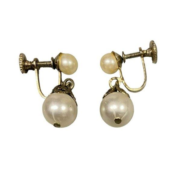 Vintage MCM Faux Pearl Dangle Screw Back Earrings - Picture 1 of 3